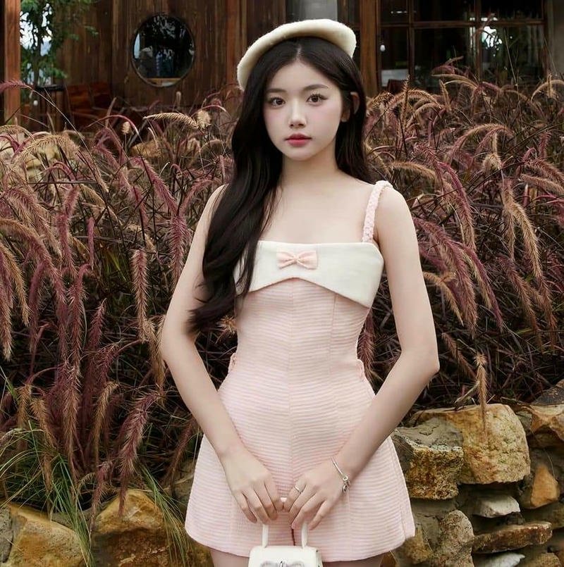 Ảnh Quỳnh Trương Tiktok mặc váy hồng đứng cạnh bụi cây