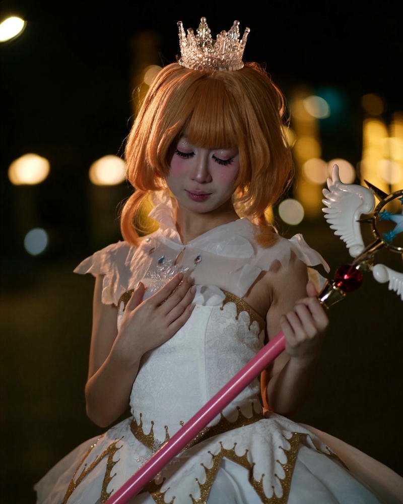 Ảnh cosplay anime nữ thần cầm quyền trượng vàng lấp lánh đẹp