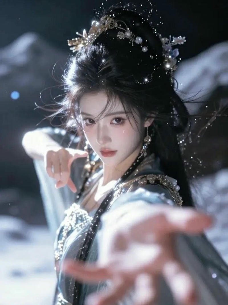 Ảnh gái xinh cổ trang mặc váy trắng giữa trời tuyết rơi