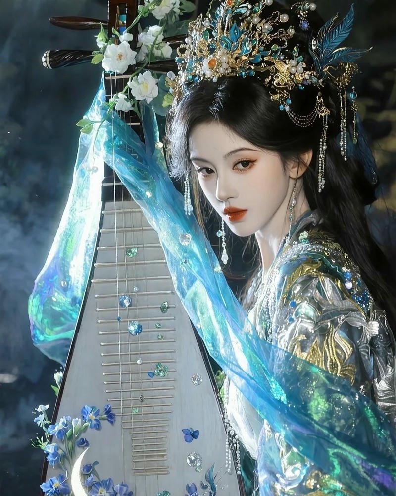 Ảnh gái xinh cổ trang mặc váy xanh chơi đàn tranh đẹp