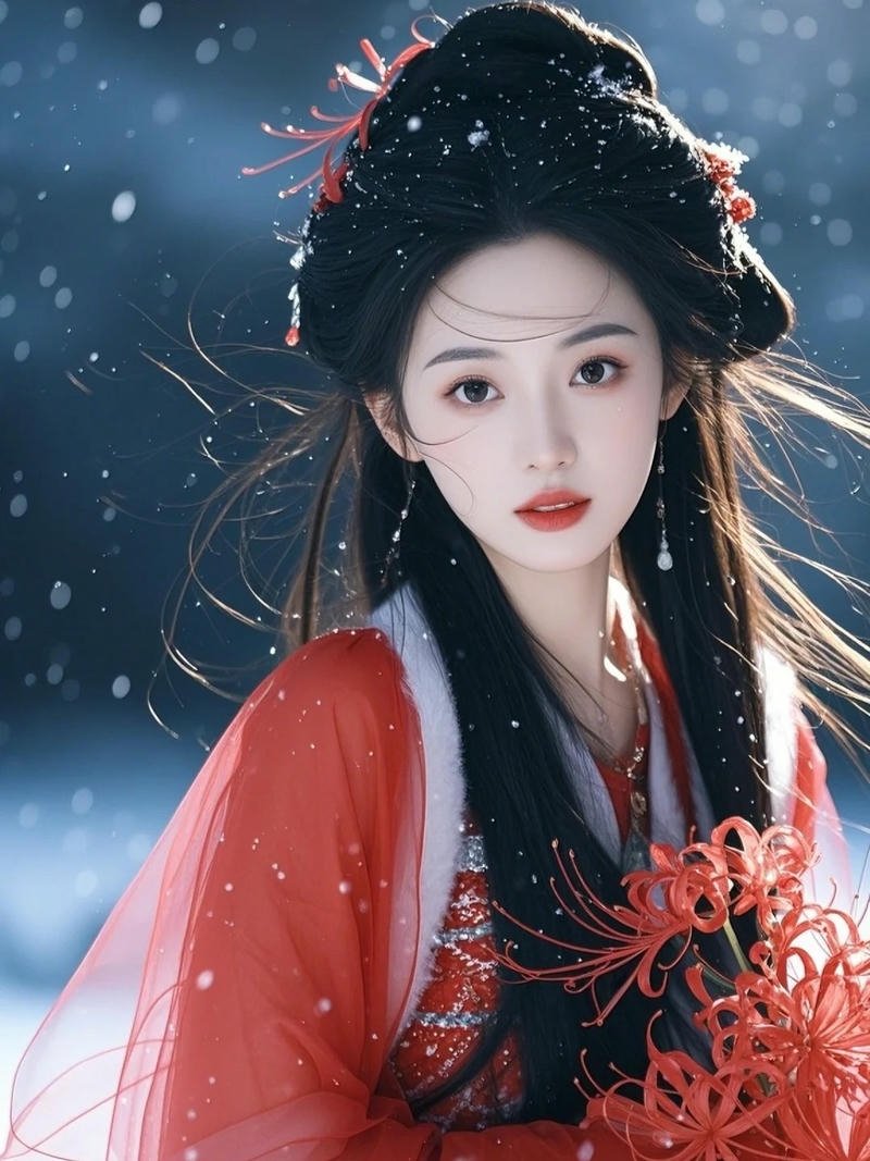 Ảnh gái xinh cổ trang váy đỏ đứng dưới tuyết rơi lạnh