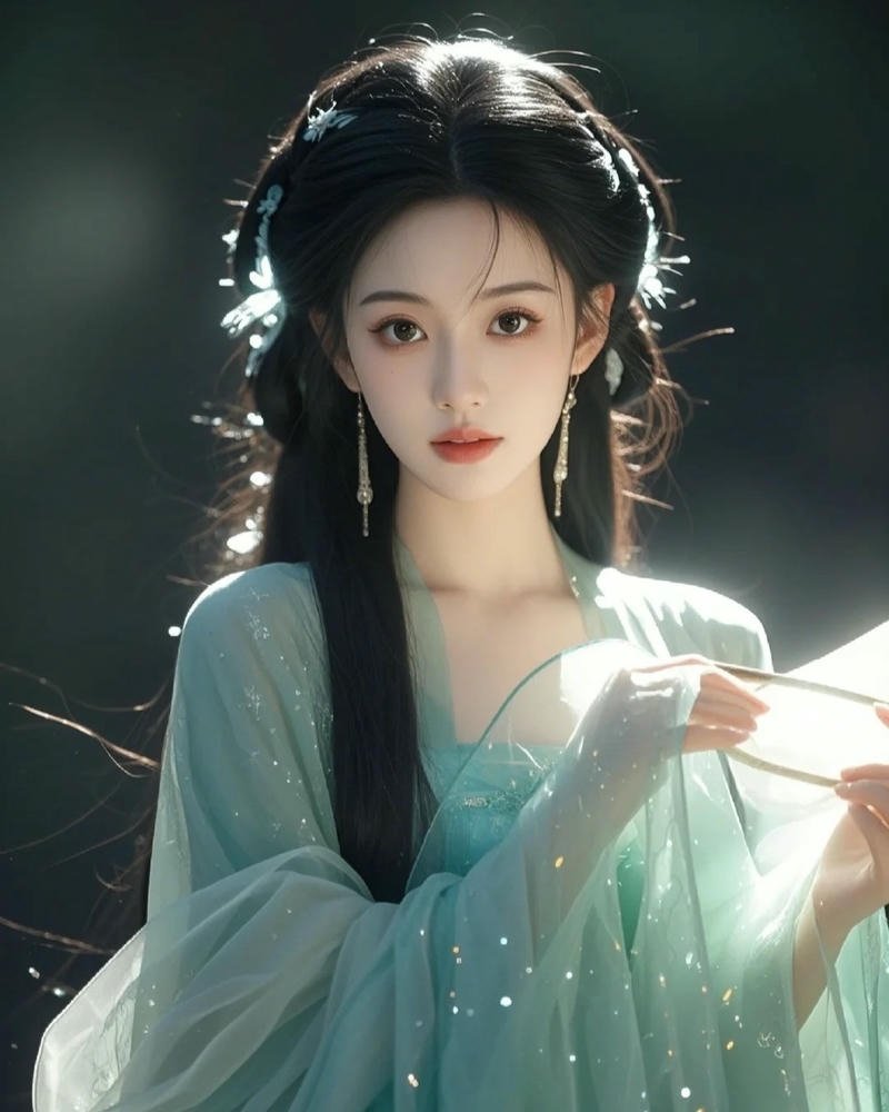 Ảnh gái xinh cổ trang váy xanh ngọc bích vẻ đẹp lạ