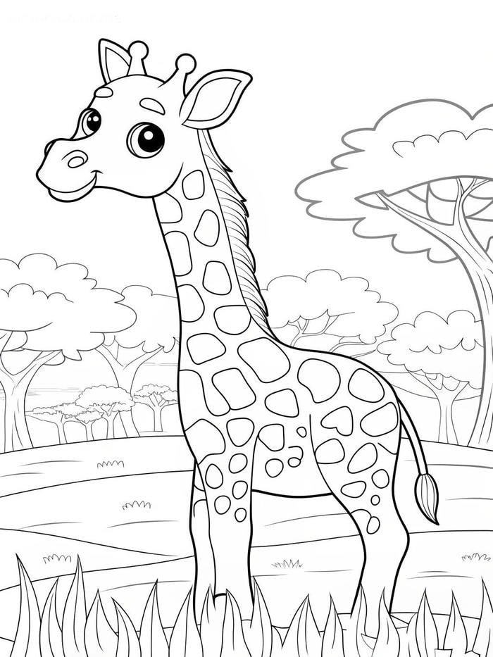 Bức ảnh tô màu hươu cao cổ mô tả sinh cảnh thiên nhiên rộng lớn