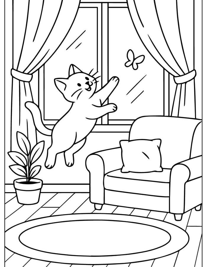 Bức ảnh tranh tô màu con mèo với dáng vẻ gần gũi cho trẻ