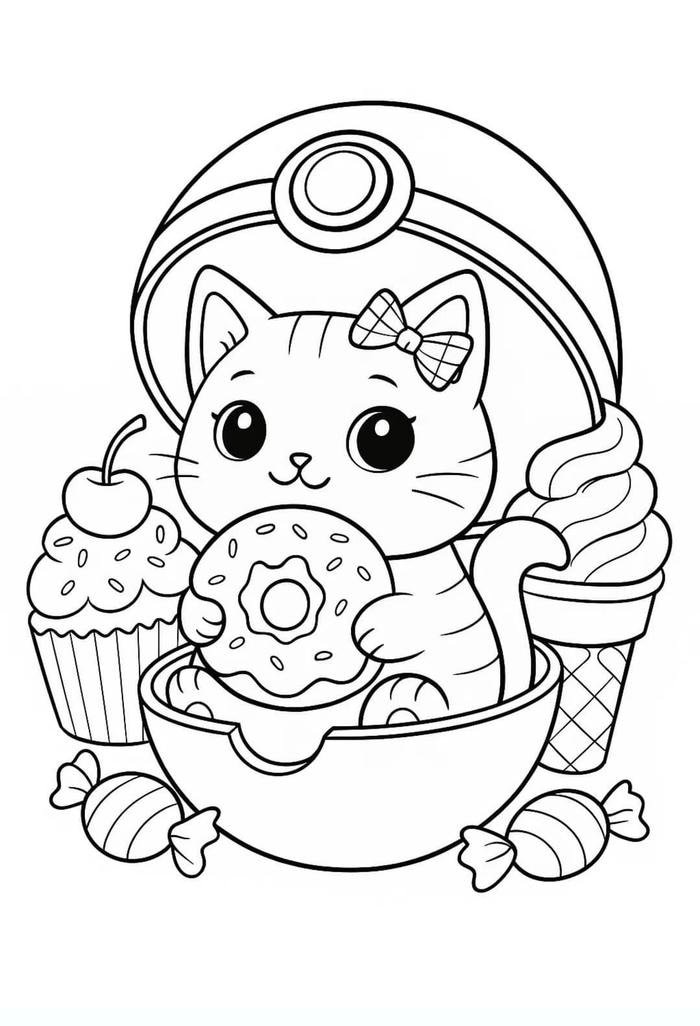 Bức hình tranh tô màu con mèo ăn bánh donut