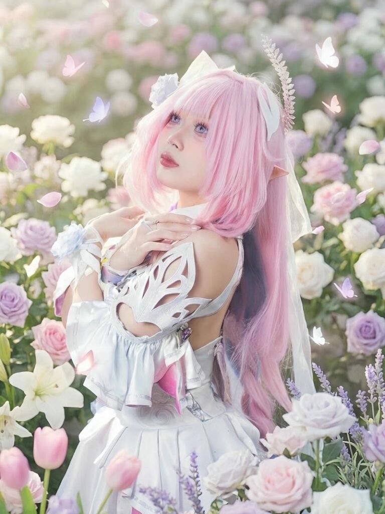 Cosplay anime nữ tóc hồng dễ thương giữa vườn hoa đẹp