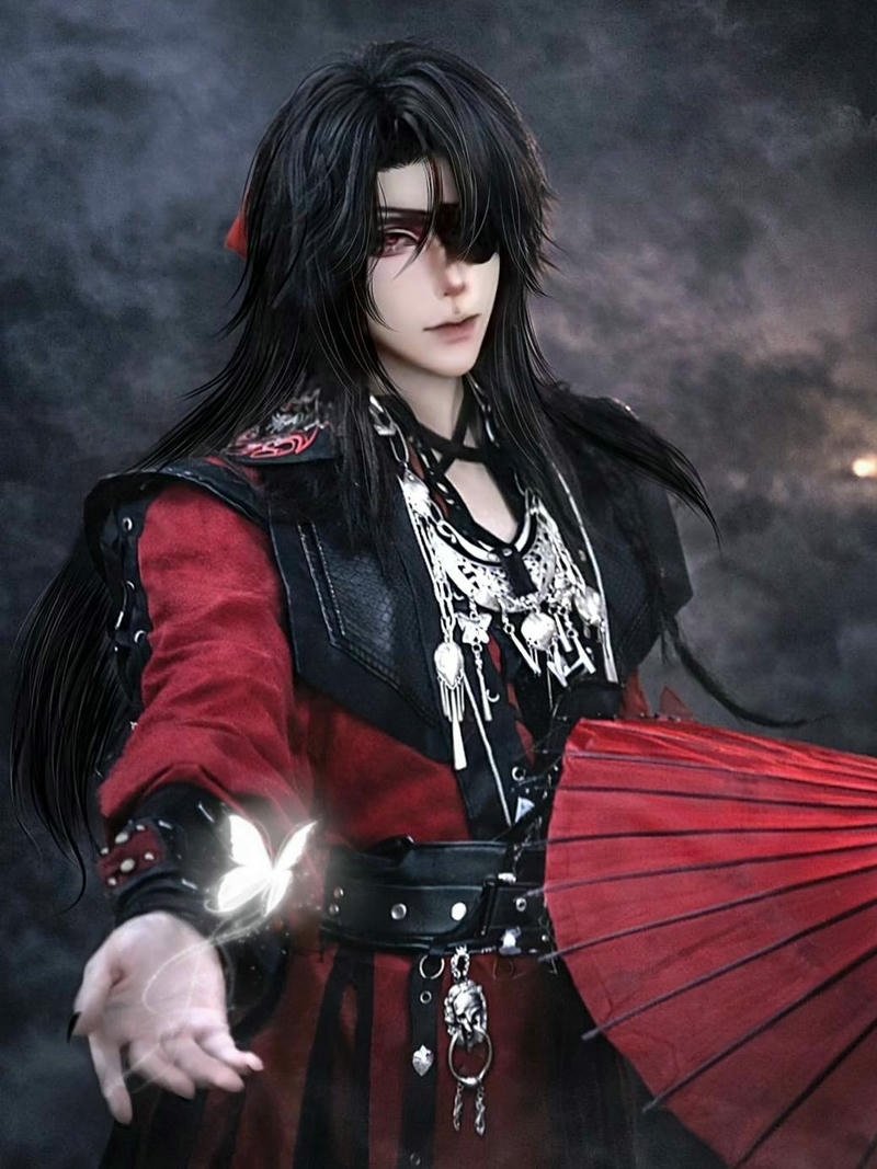 Cosplay cổ trang nam thần áo đỏ đen cầm quạt