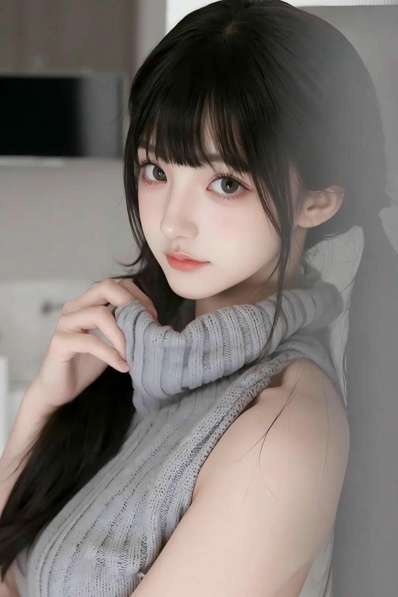 Gái xinh trung quốc mặc áo len xám cổ cao ấm áp