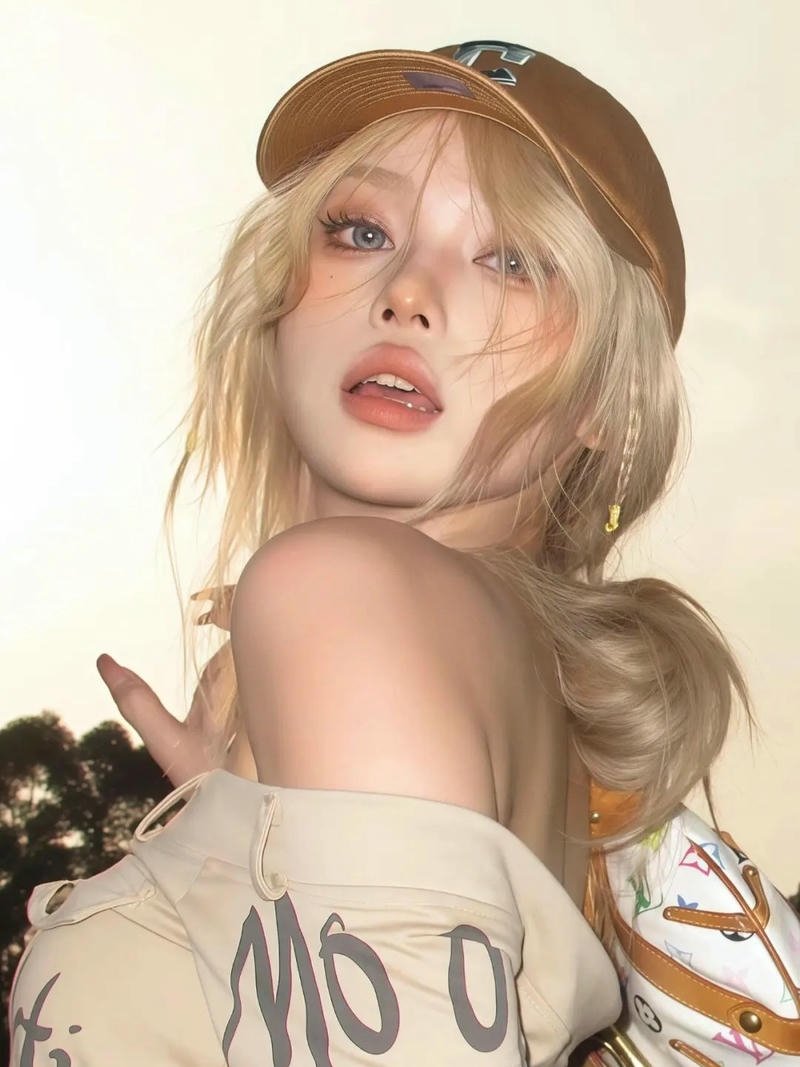 Gái xinh trung quốc tóc vàng đội mũ ngược cá tính