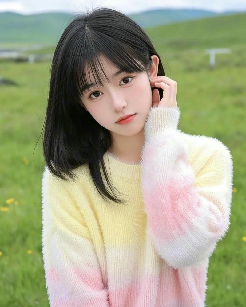 Hot girl trung quốc mặc áo len vàng đứng giữa đồng cỏ