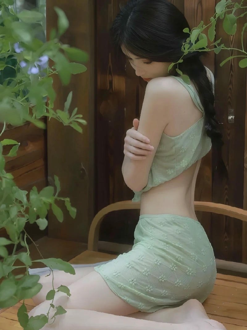 Mỹ nhân trung quốc mặc sườn xám xanh ngồi trong vườn