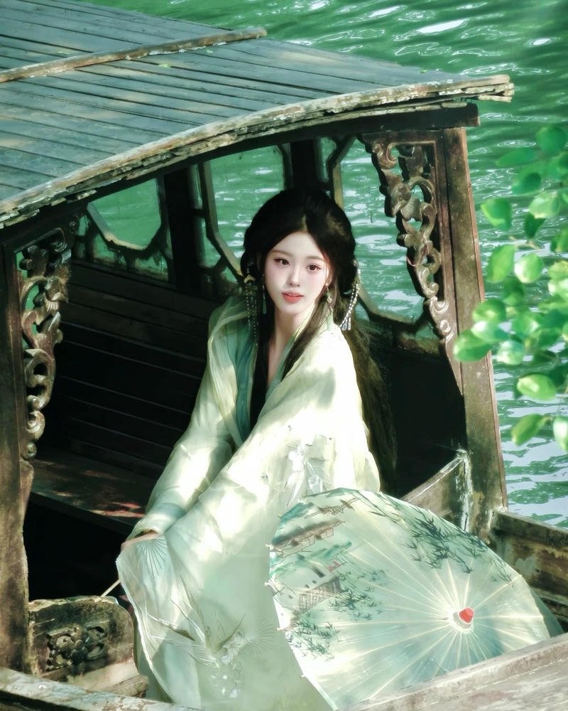 Nàng thơ cổ trang mặc váy xanh ngồi trên thuyền hoa