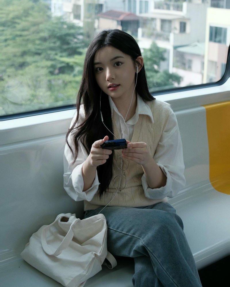 Quỳnh Trương giản dị ngồi trên tàu điện xem điện thoại