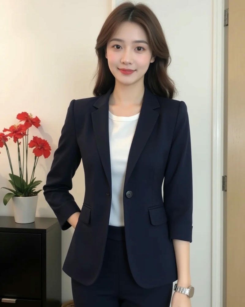 Ảnh gái văn phòng mặc vest xanh đứng thẳng người đầy tự tin