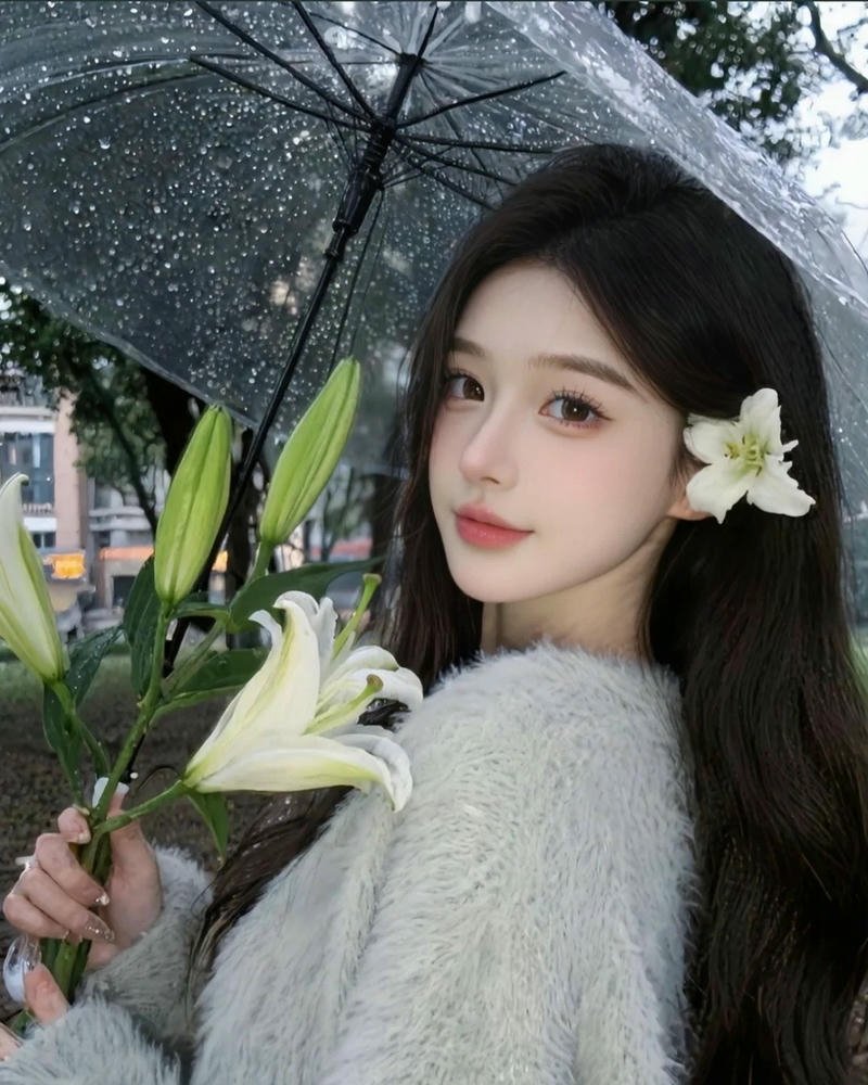 Ảnh gái xinh douyin cài hoa lên tóc cười dịu dàng