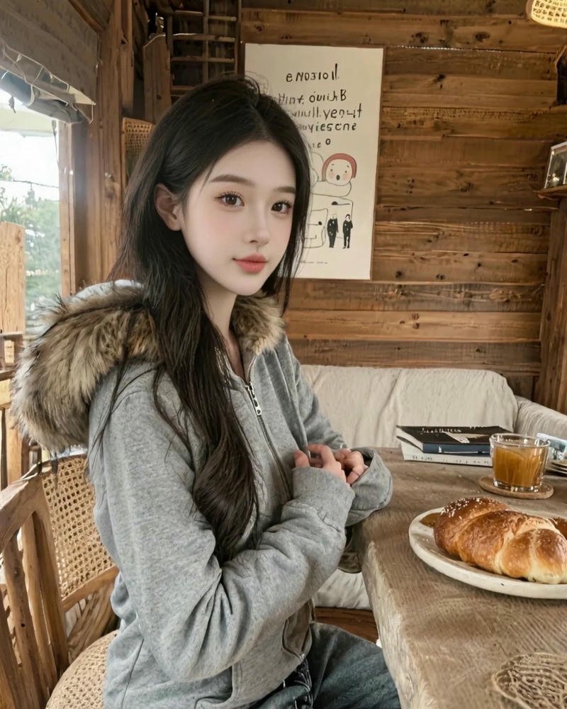 Ảnh gái xinh douyin mặc áo khoác mùa đông ăn bánh