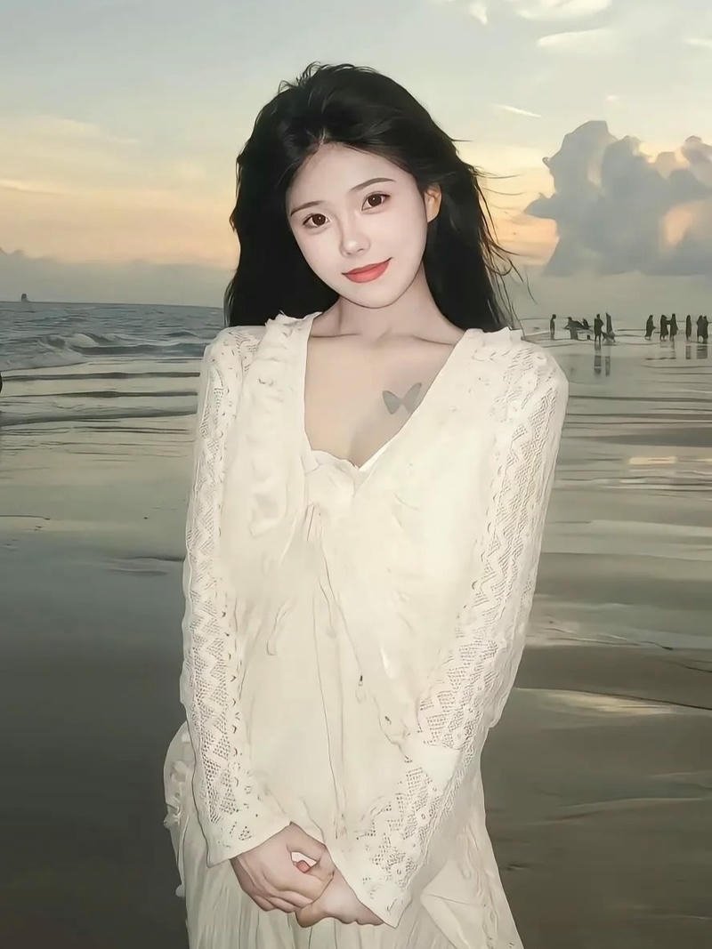 Ảnh gái xinh douyin mặc váy trắng đứng trước biển chiều