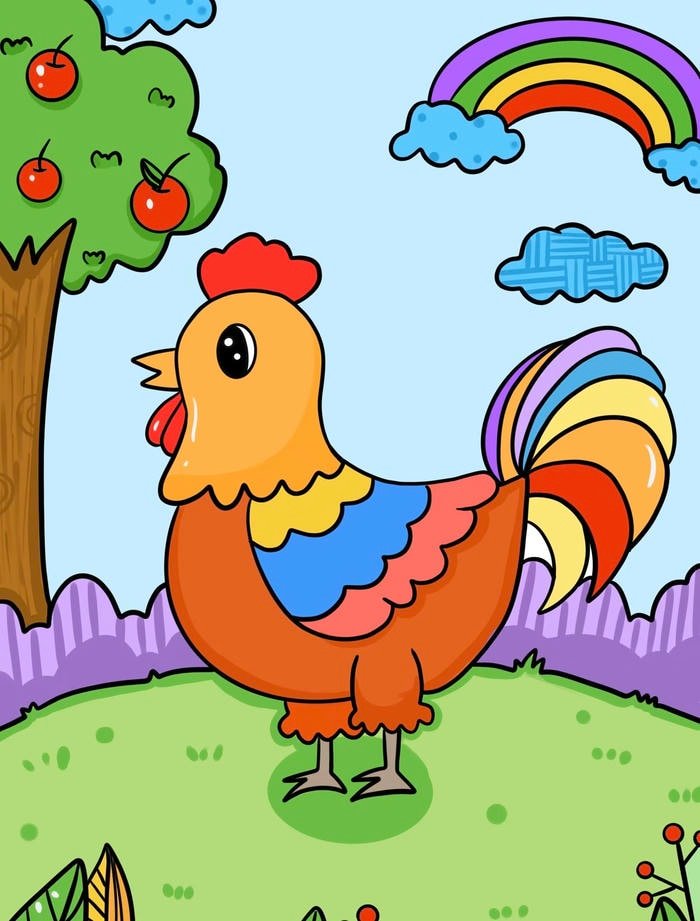 Ảnh tranh vẽ con gà thể hiện đặc điểm nhận dạng dễ nhớ