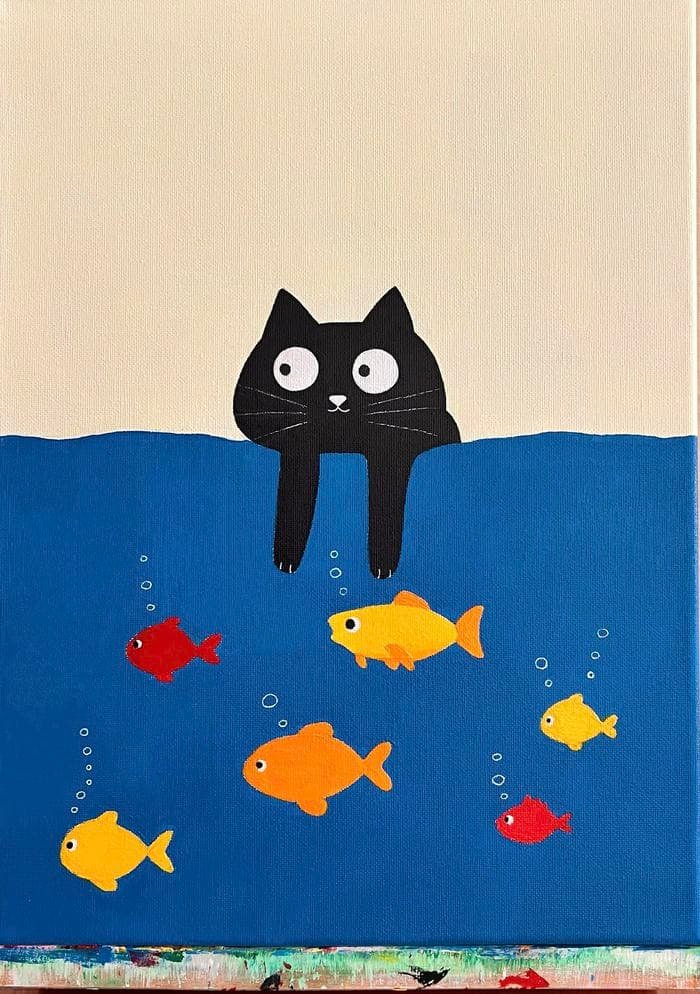 Ảnh tranh vẽ con mèo mang lười biếng nhìn đàn cá bơi