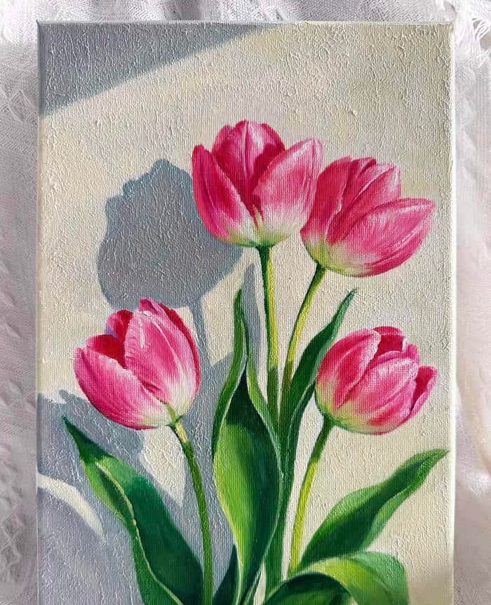 Ảnh tranh vẽ hoa tulip thể hiện sự tinh tế trong từng chi tiết