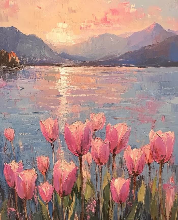 Ảnh tranh vẽ hoa tulip theo phong cách tối giản hiện đại