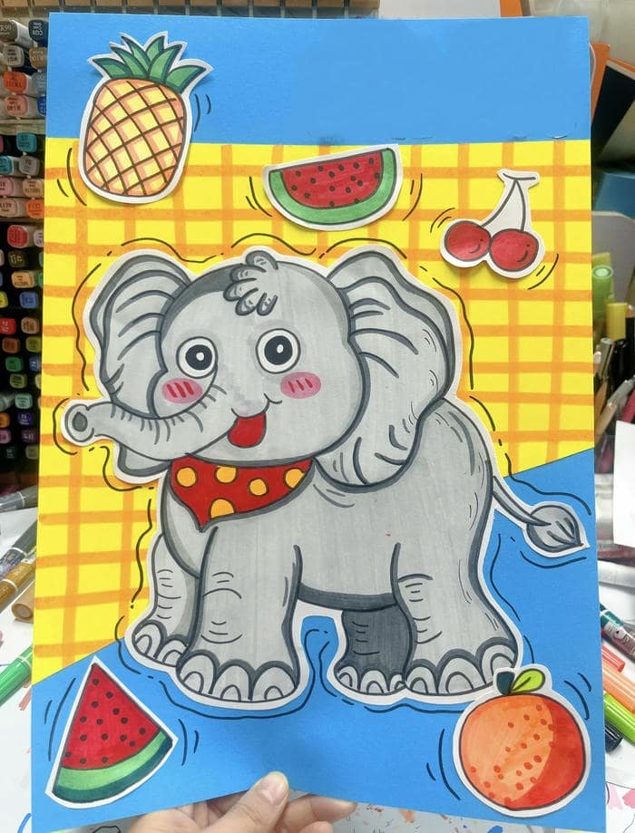 Ảnh vẽ con voi và hoa quả