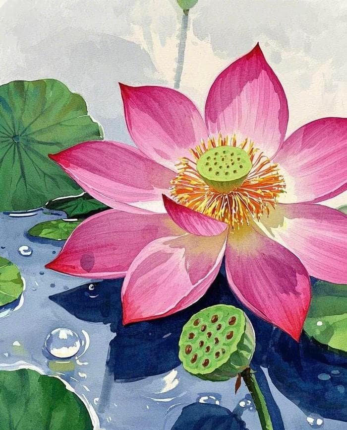 Bức ảnh tranh vẽ hoa sen gợi không gian yên bình