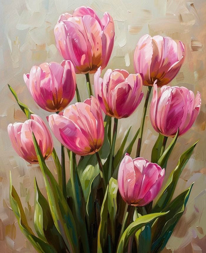 Bức ảnh tranh vẽ hoa tulip tạo cảm giác nhẹ nhàng tinh khôi