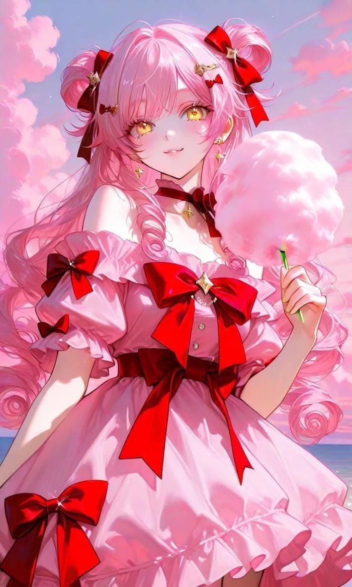 Bức hình anime nữ tóc hồng gợi cảm xúc tươi vui