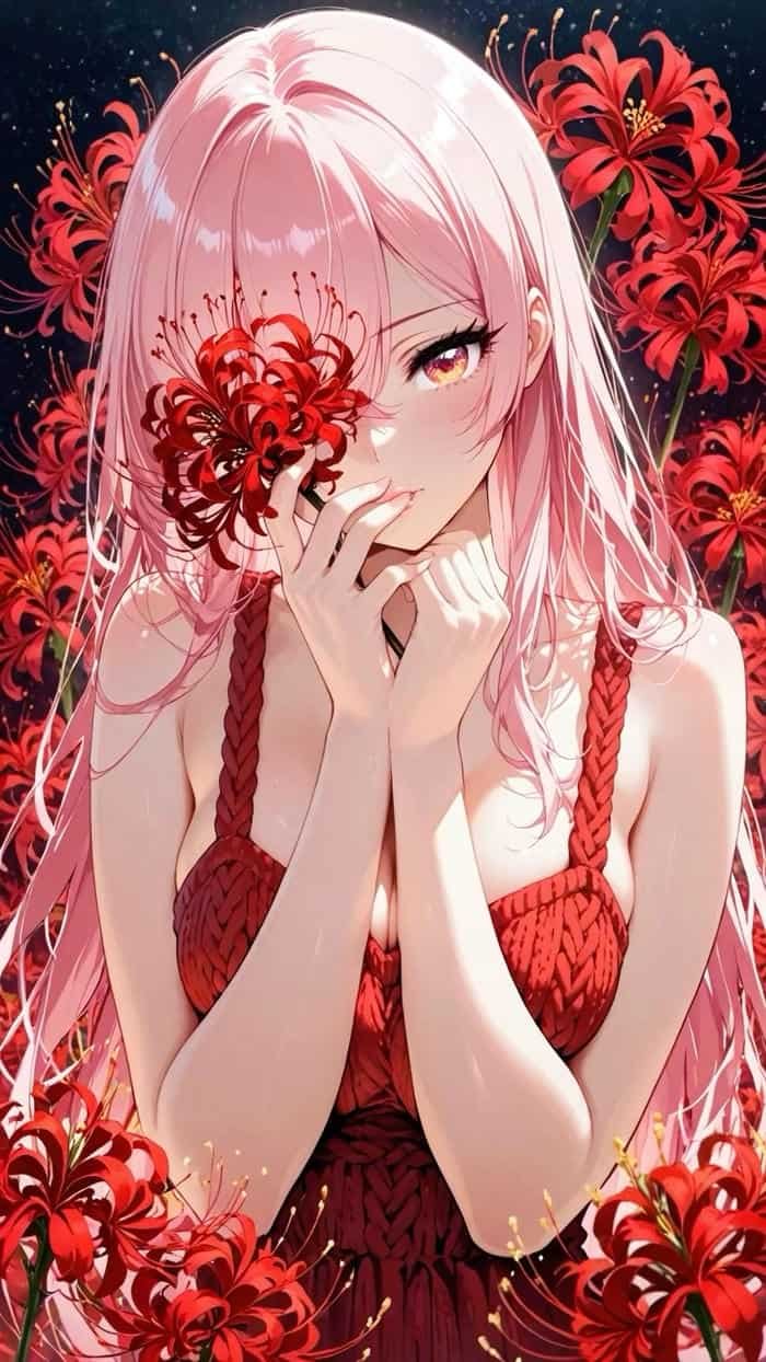 Bức hình anime nữ tóc hồng gợi cảm xúc vui vẻ thoải mái