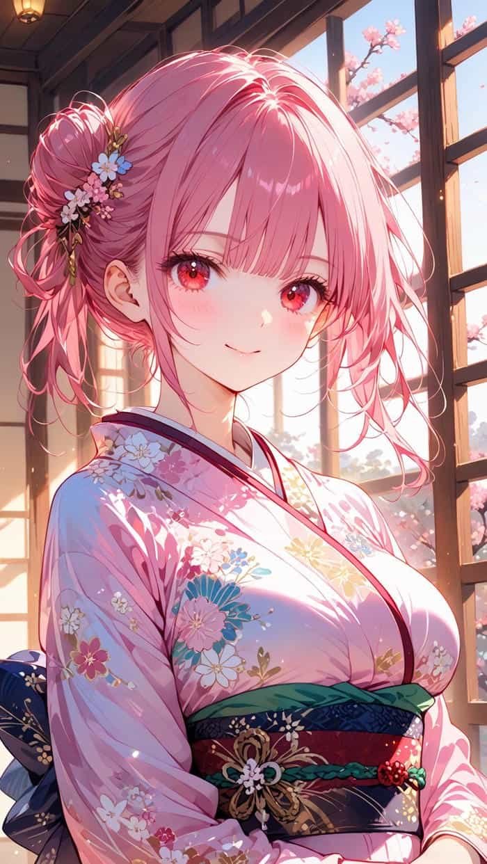 Bức hình anime nữ tóc hồng mang phong cách dễ thương tự nhiên