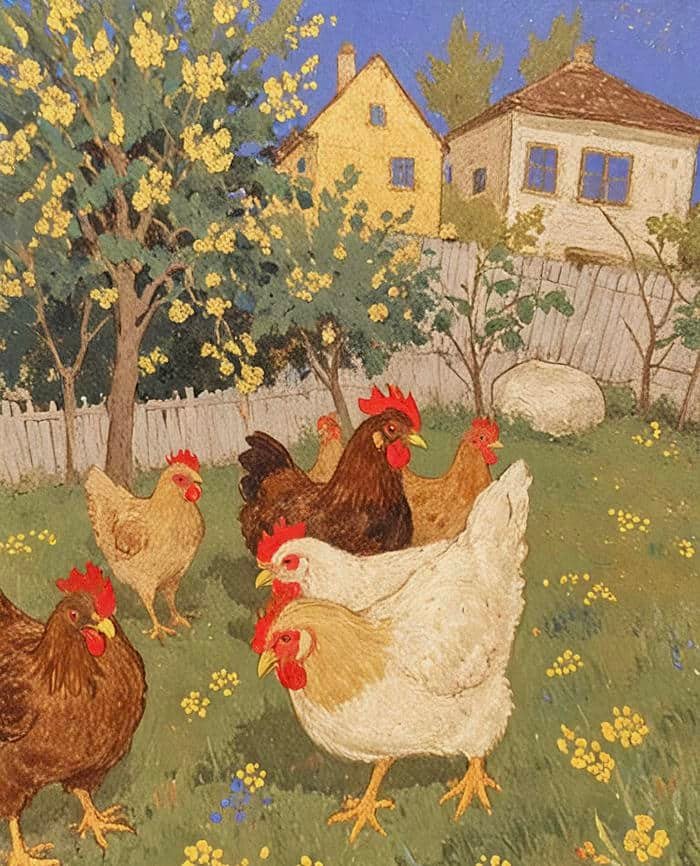 Bức hình tranh vẽ con gà giúp hình dung sinh hoạt nông trại