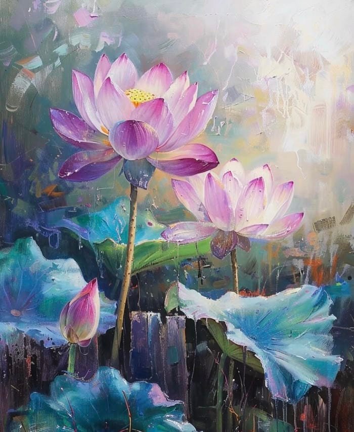 Bức hình tranh vẽ hoa sen tạo cảm giác bình yên