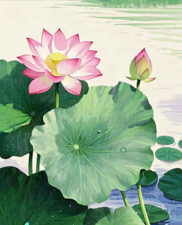 Bức hình tranh vẽ hoa sen thể hiện vẻ đẹp truyền thống