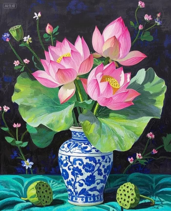 Bức hình tranh vẽ hoa sen truyền tải chiều sâu cảm xúc