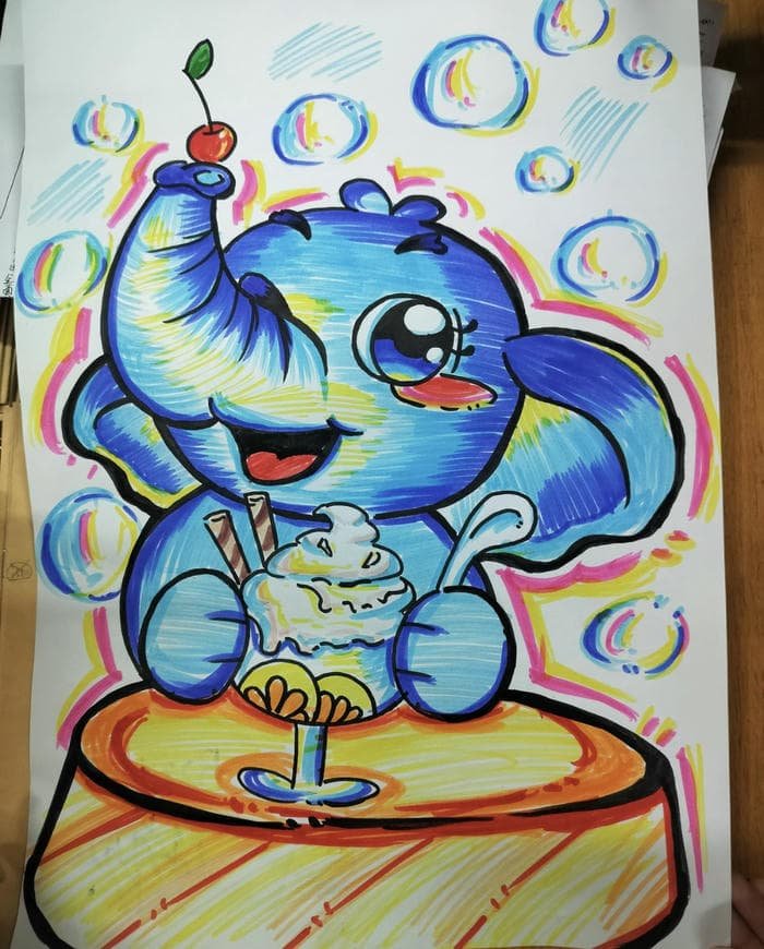 Bức tranh vẽ con voi đang ăn kem