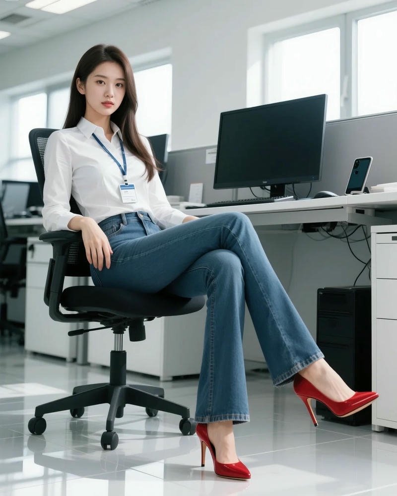 Cô gái công sở mặc đồ jean ngồi ghế làm việc