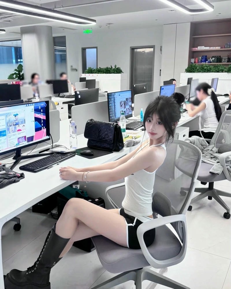 Cô gái công sở mặc sơ mi trắng ngồi ghế xoay