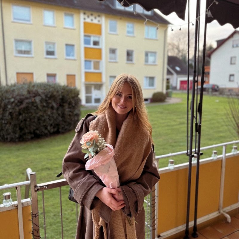 Gái tây cầm bó hoa đứng trên ban công nhà