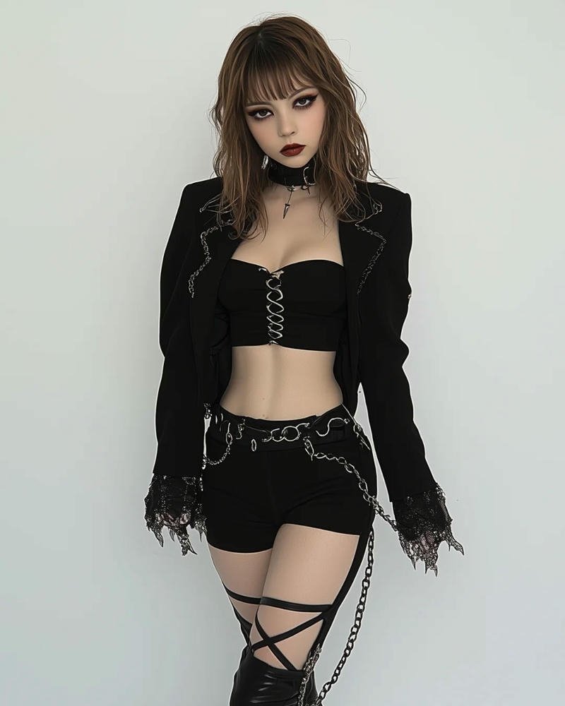 Gái xinh cool ngầu mặc đồ đen dây xích cá tính