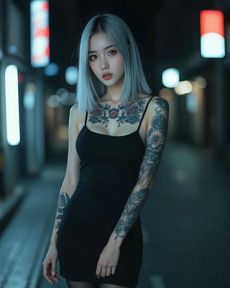 Gái xinh xăm mình đứng giữa phố đêm lung linh huyền ảo