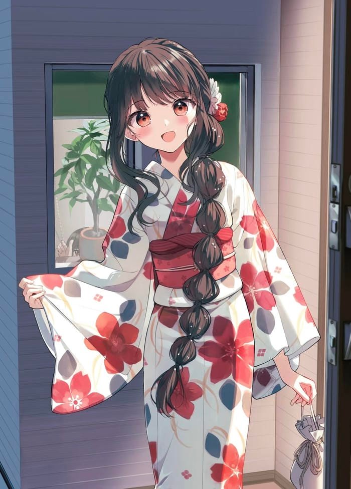 Hình ảnh anime nữ mặc kimono mang vẻ đẹp đoan trang