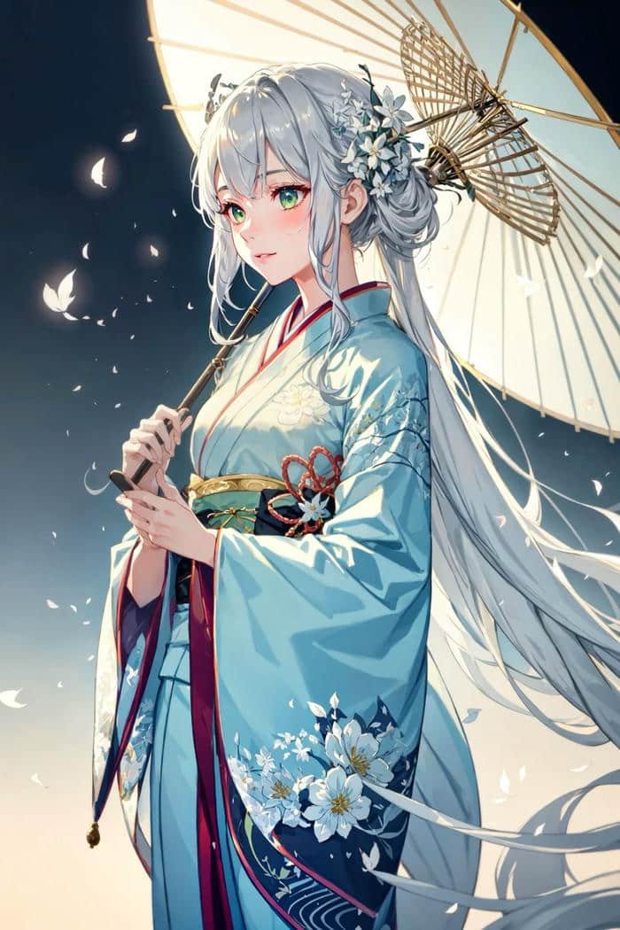 Hình ảnh anime nữ mặc kimono thể hiện sự duyên dáng kín đáo