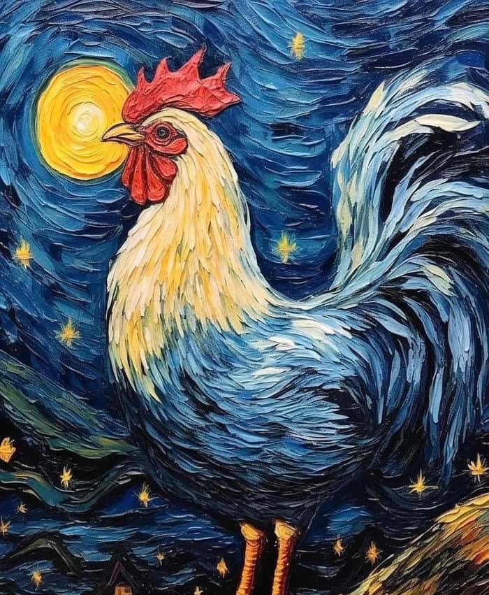 Hình ảnh tranh vẽ con gà thể hiện sinh hoạt đời thường vùng quê