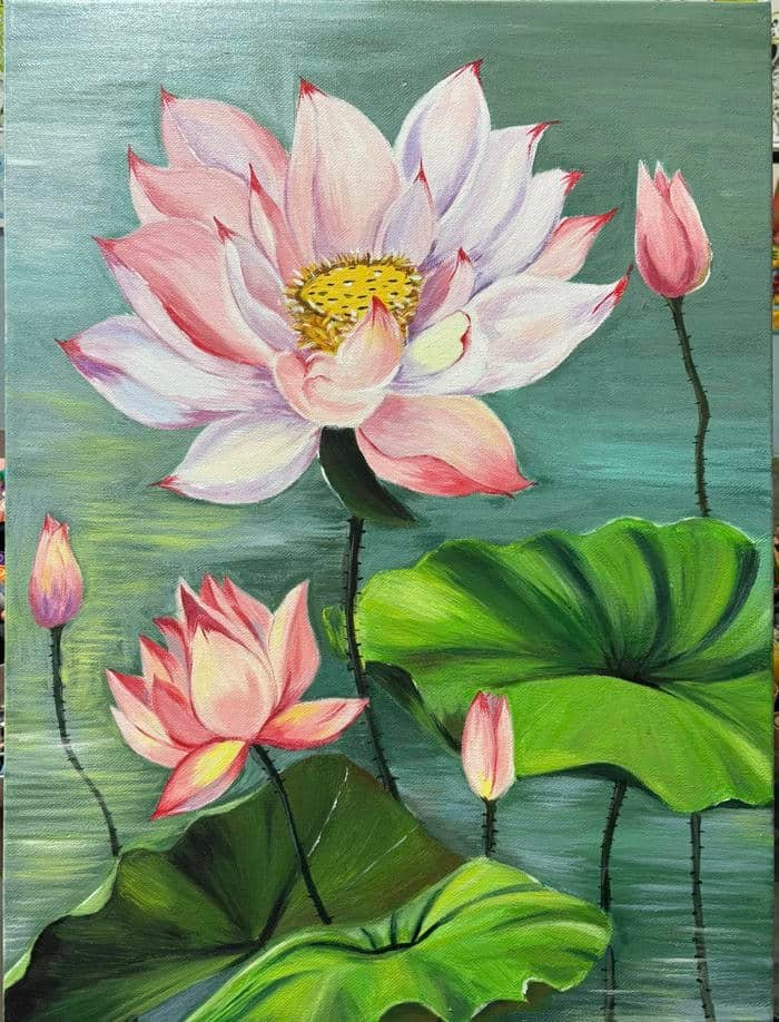 Hình ảnh tranh vẽ hoa sen thể hiện nét đẹp tinh khôi