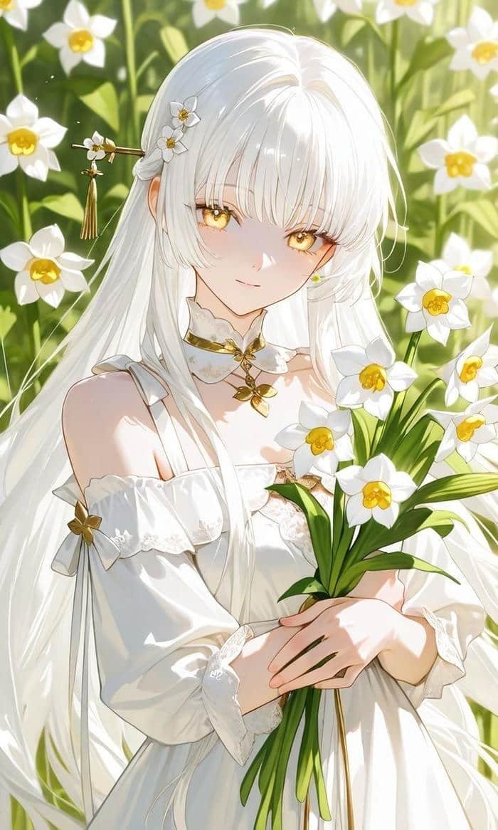 Hình anime girl tóc trắng thể hiện chiều sâu cảm xúc nội tâm