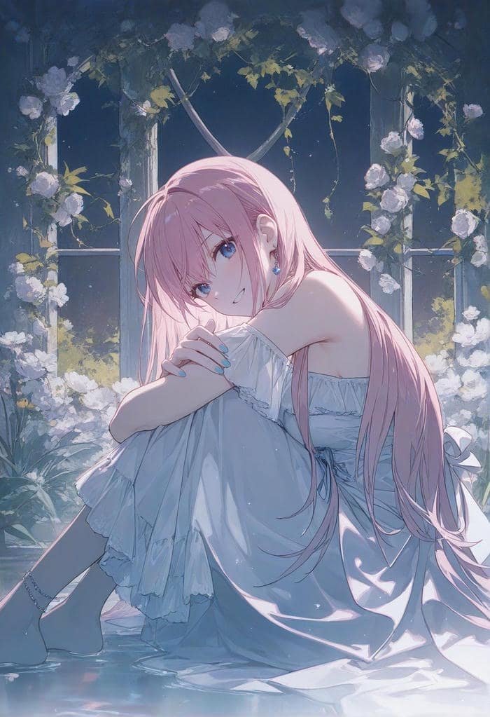 Hình anime nữ tóc hồng thể hiện cảm xúc hồn nhiên trong trẻo