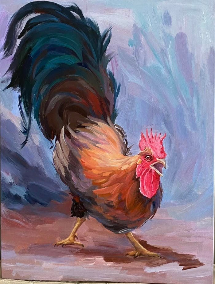 Hình tranh vẽ con gà gợi sự gần gũi với thiên nhiên