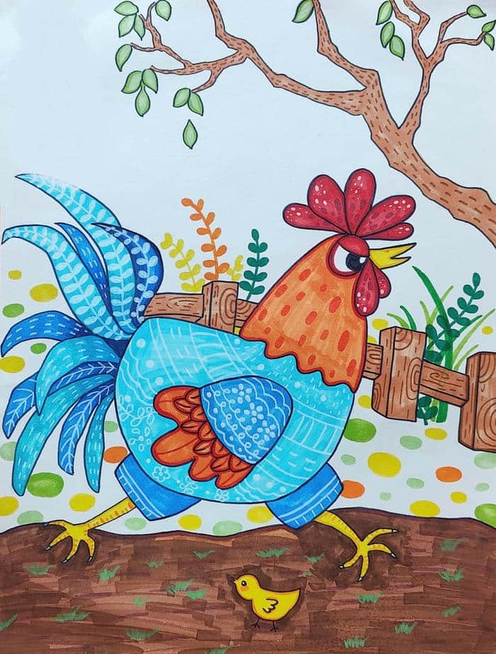 Hình tranh vẽ con gà mô tả động vật nuôi trong gia đình