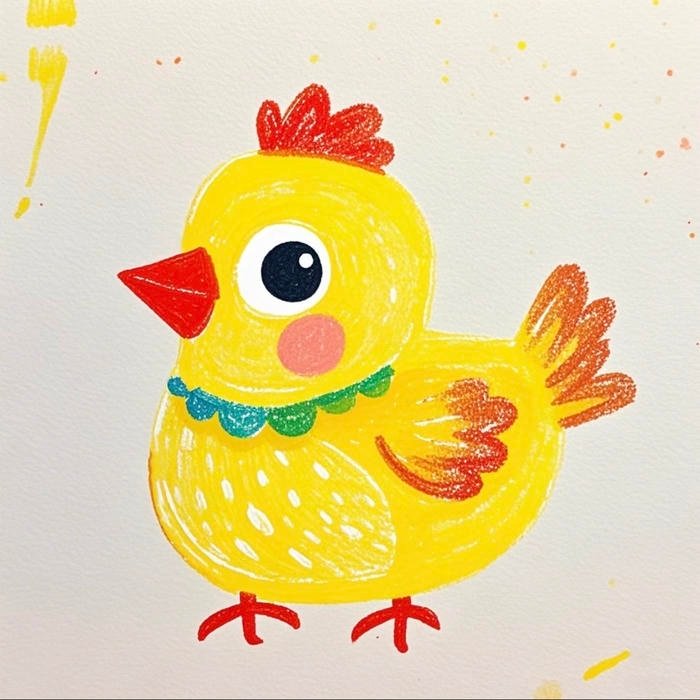 Hình tranh vẽ con gà mô tả khoảnh khắc kiếm ăn buổi sáng